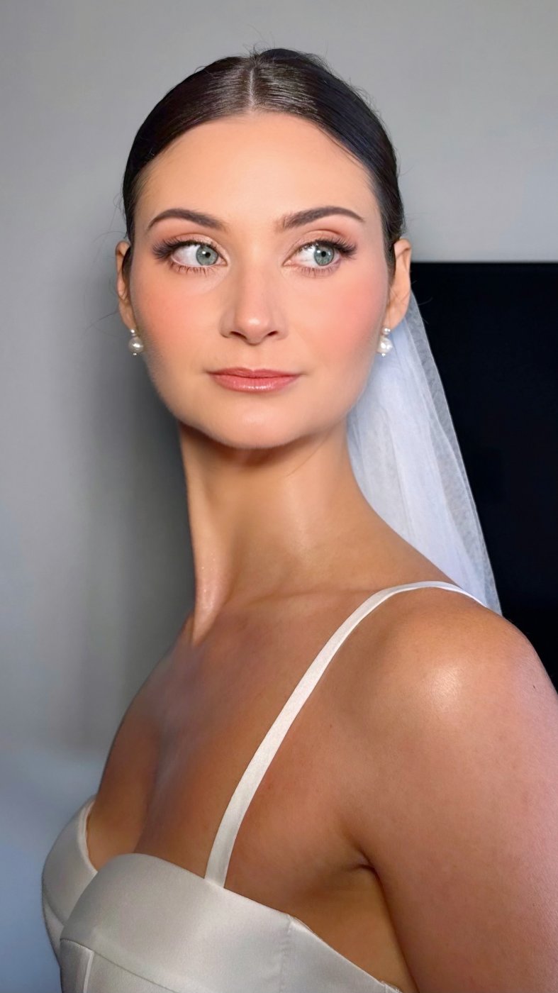 Bride in satin gown and veil with pearl earrings — timeless soft glam